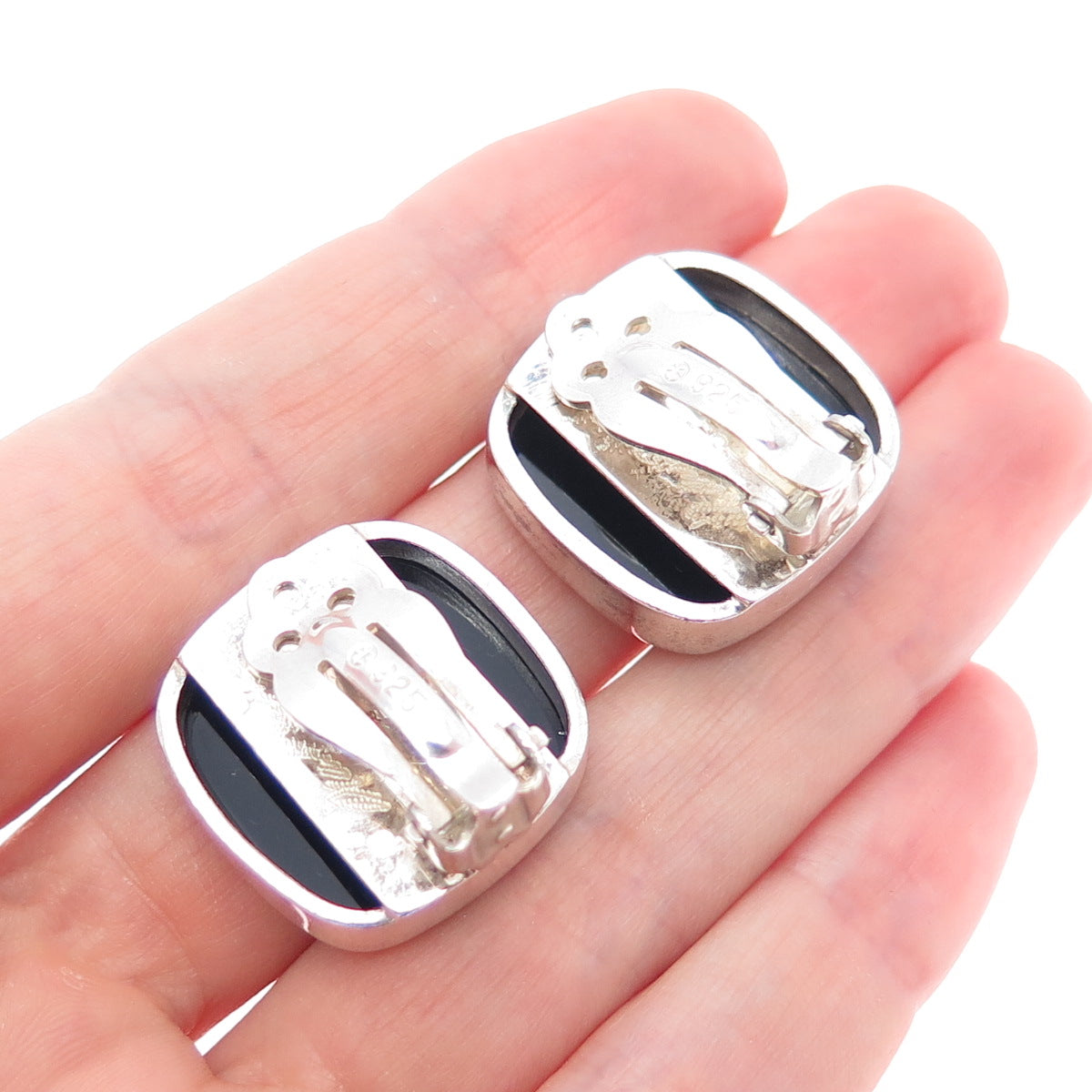 925 Sterling Silver Vintage Real Black Onyx Roman Warrior Clip On Earrings