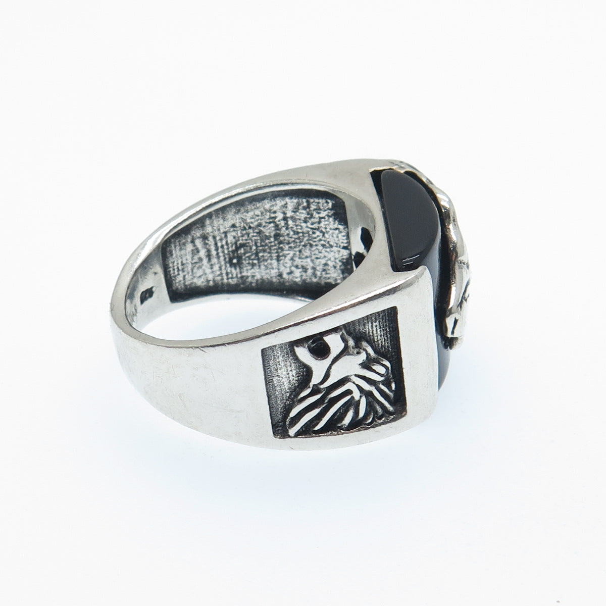 CARLITO'S Sterling Silver Vintage Real Black Onyx Lion Oxidized Ring Size 9.25