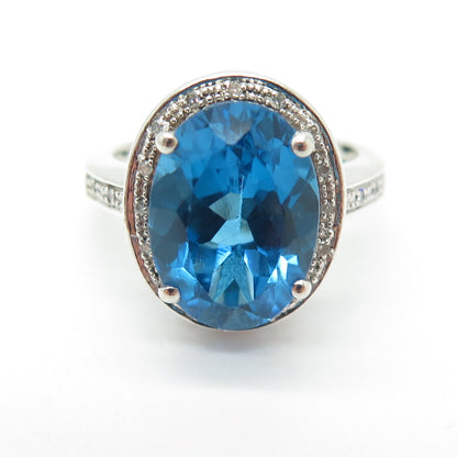 925 Sterling Silver Real Round-Cut Diamond & Swiss Blue Topaz Ring Size 7.25