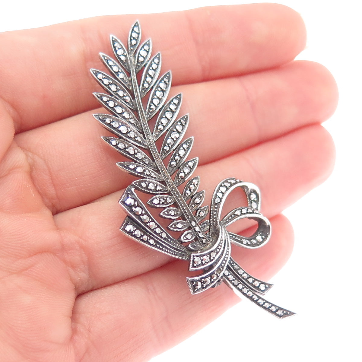 925 Sterling Silver Antique Germany Real Marcasite Pin Brooch (missing 1 stone)