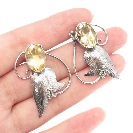 925 Sterling Silver Vintage Real Citrine Gemstone Leaf Dangle Earrings