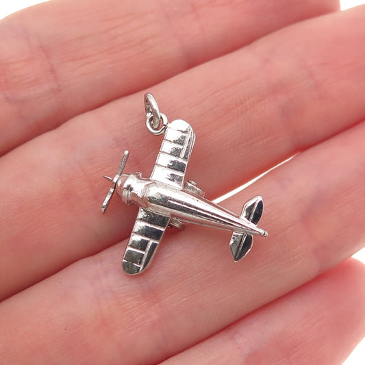 925 Sterling Silver Antique Retro Airplane Movable 3D Mini Charm Pendant