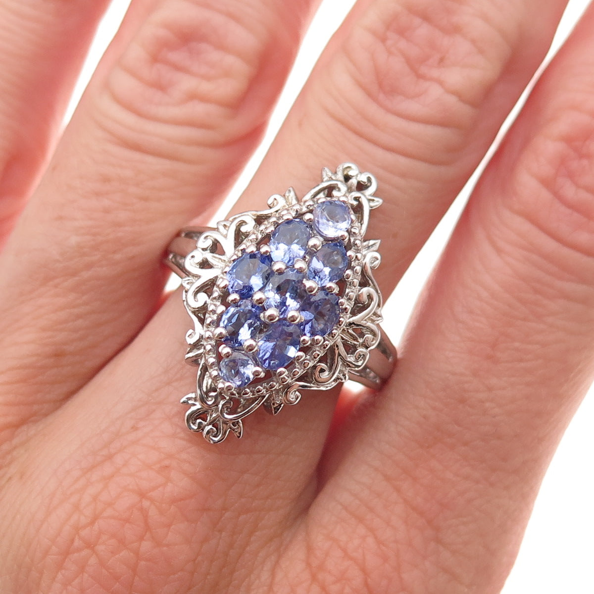 Chuck Clemency 925 Sterling Silver Real Tanzanite Cluster Ornate Ring Size 9