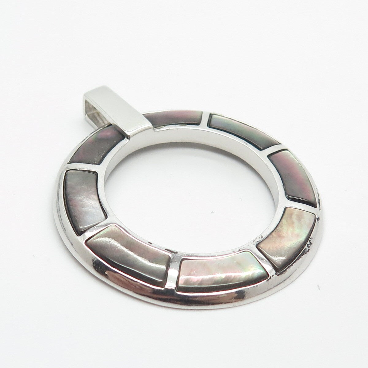 925 Sterling Silver Vintage VAR Real Abalone Shell Open Circle Pendant