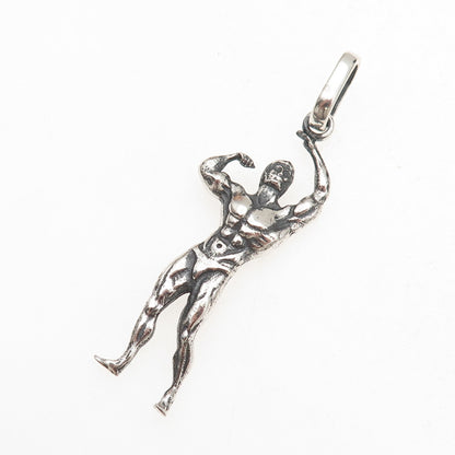 925 Sterling Silver Vintage European Bodybuilder Oxidized 3D Charm Pendant