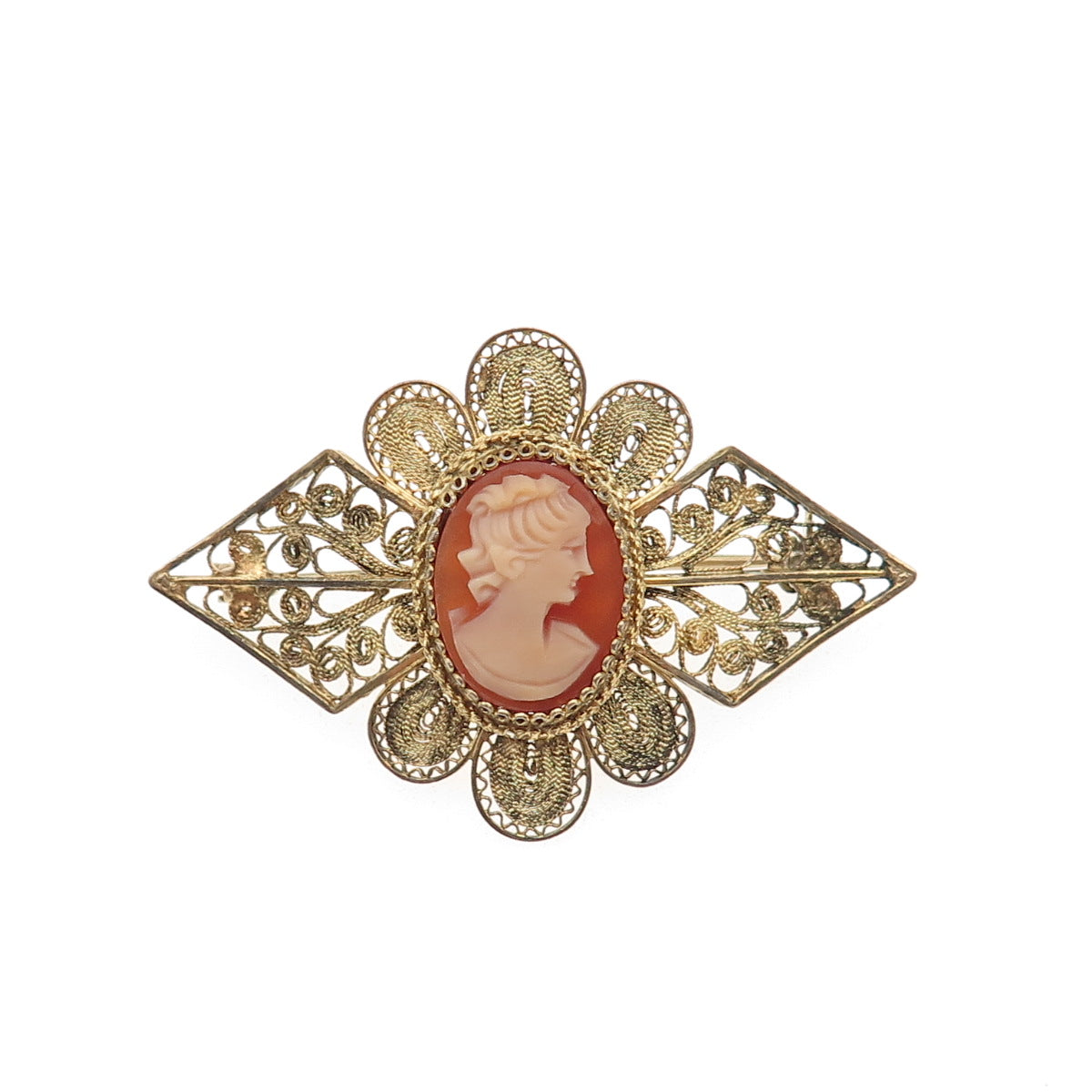 800 Silver Gold Plated Antique Art Deco Real MOP Lady Cameo Filigree Pin Brooch