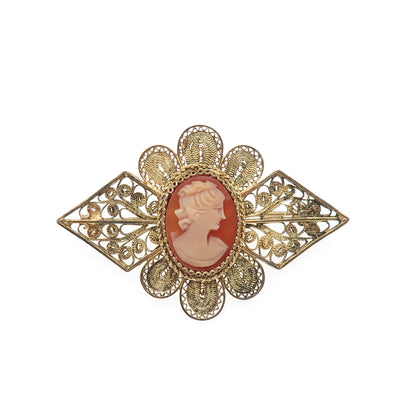800 Silver Gold Plated Antique Art Deco Real MOP Lady Cameo Filigree Pin Brooch