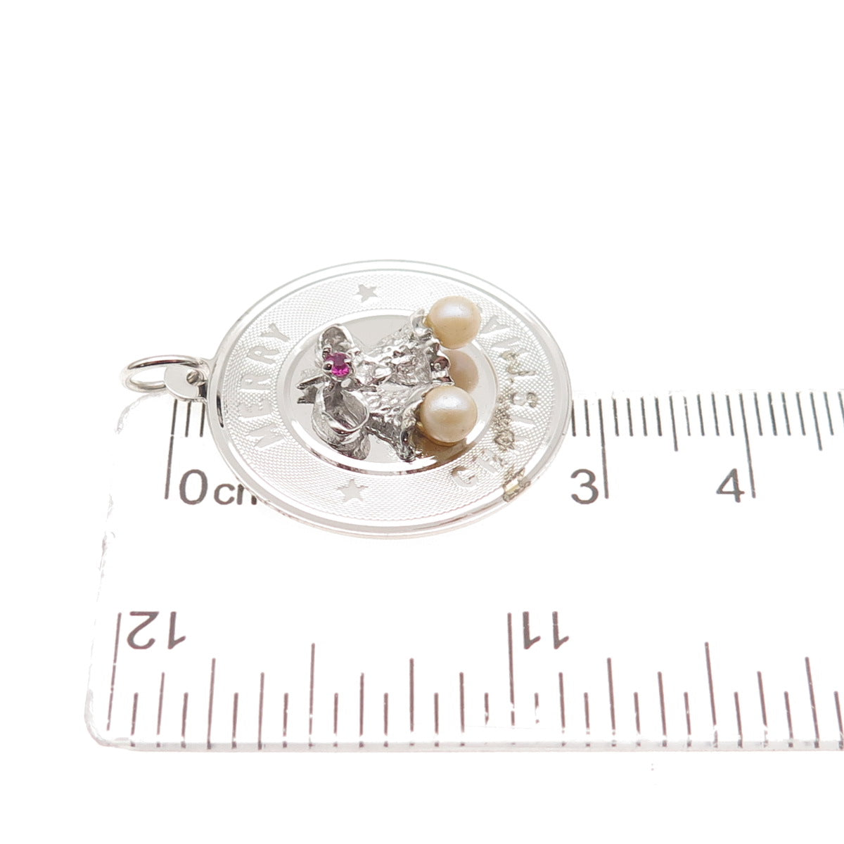 925 Sterling Silver Vintage Faux Pearl Rhinestone Merry Christmas Bells Pendant