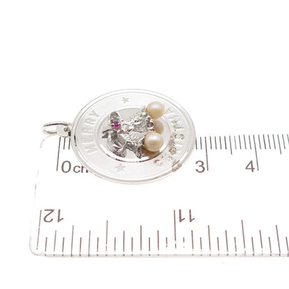 925 Sterling Silver Vintage Faux Pearl Rhinestone Merry Christmas Bells Pendant
