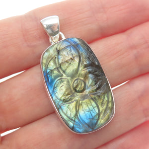 925 Sterling Silver Vintage Real Labradorite Carved Flower Charm Pendant