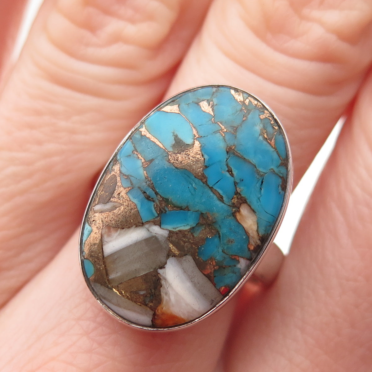 925 Sterling Silver Vintage Real Mohave Turquoise Modernist Ring Size 7.75