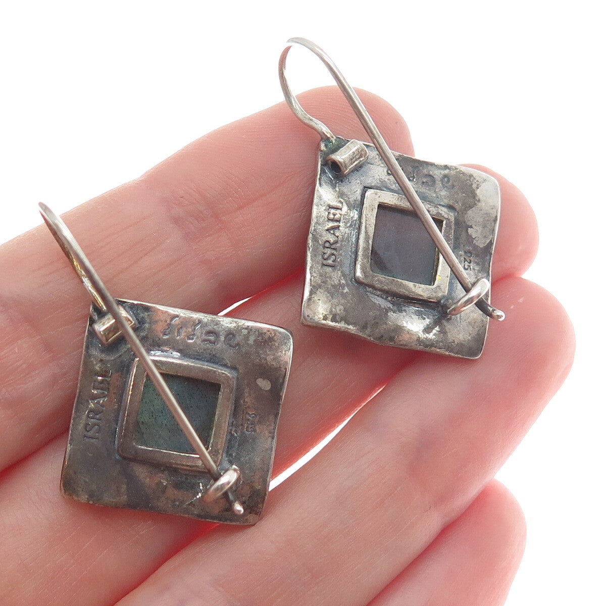 DIDAE 925 Sterling Silver Vintage Israel Real Labradorite Oxidized Earrings