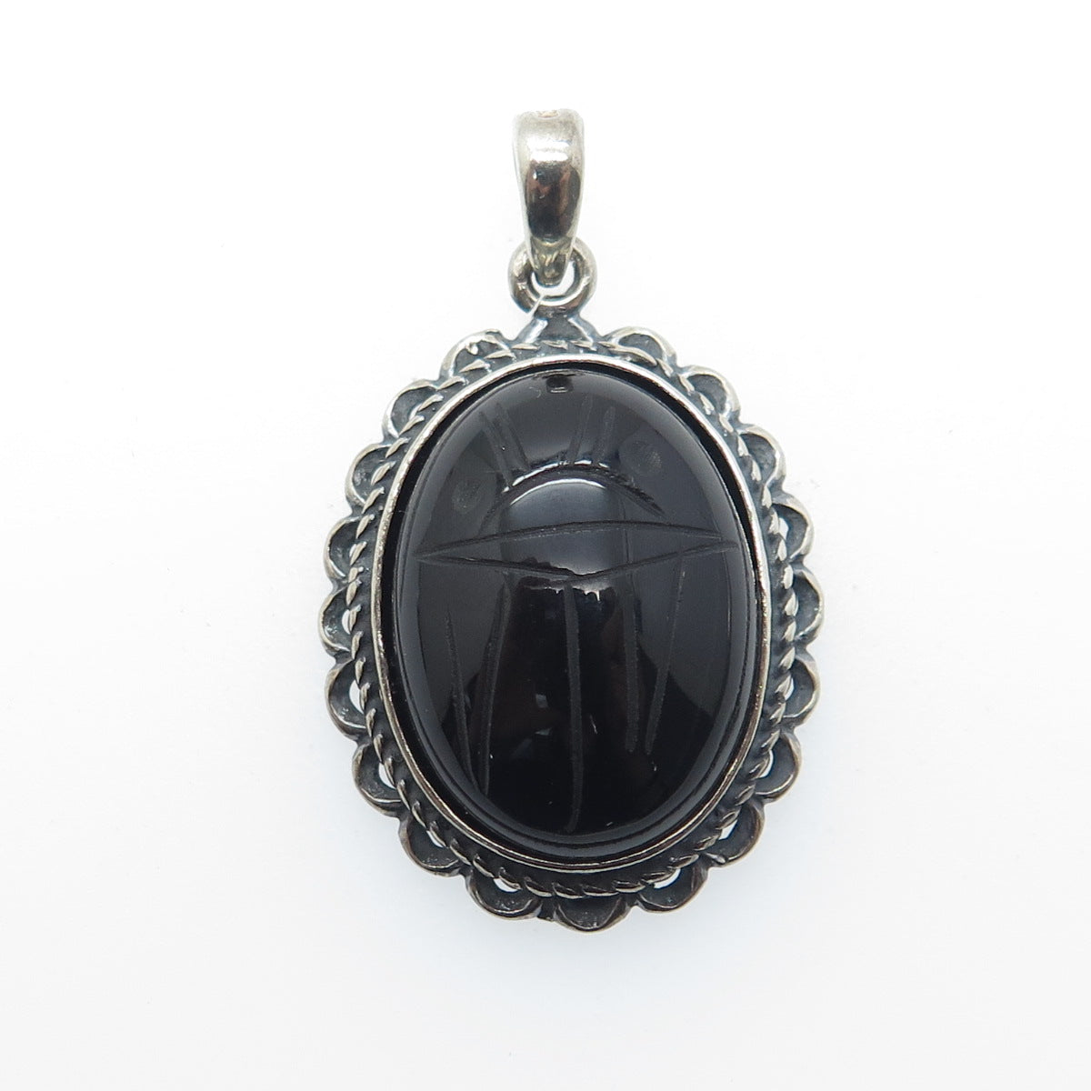 925 Sterling Silver Vintage Real Carved Black Onyx Scarab Oxidized Pendant