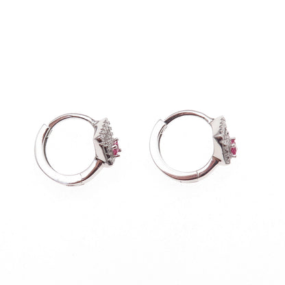 925 Sterling Silver Pink & White C Z Hoop Earrings