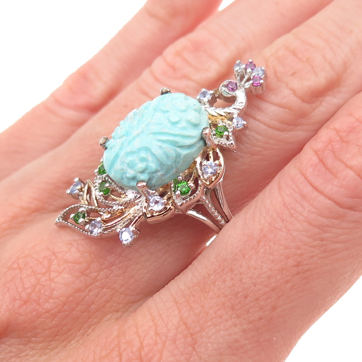 Chuck Clemency Sterling Real Turquoise Tanzanite Amethyst & Peridot Ring Size 8