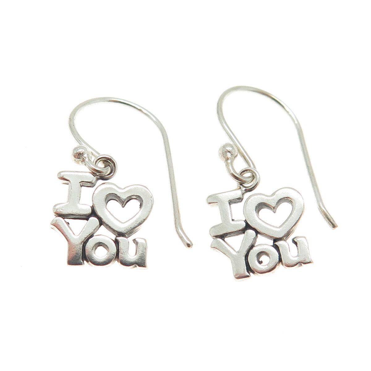 925 Sterling Silver Vintage "I Love You" Dangle Hook Earrings
