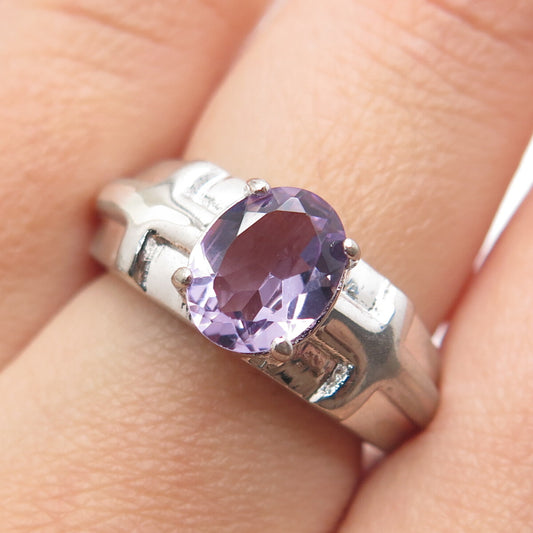 925 Sterling Silver Real Oval-Cut Amethyst Cross Ring Size 7