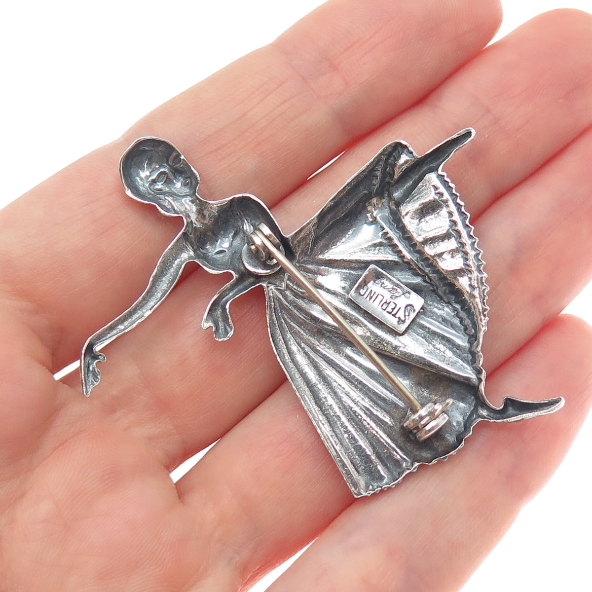 LANG 925 Sterling Silver Antique Art Deco Ballerina Repousse Oxidized Pin Brooch