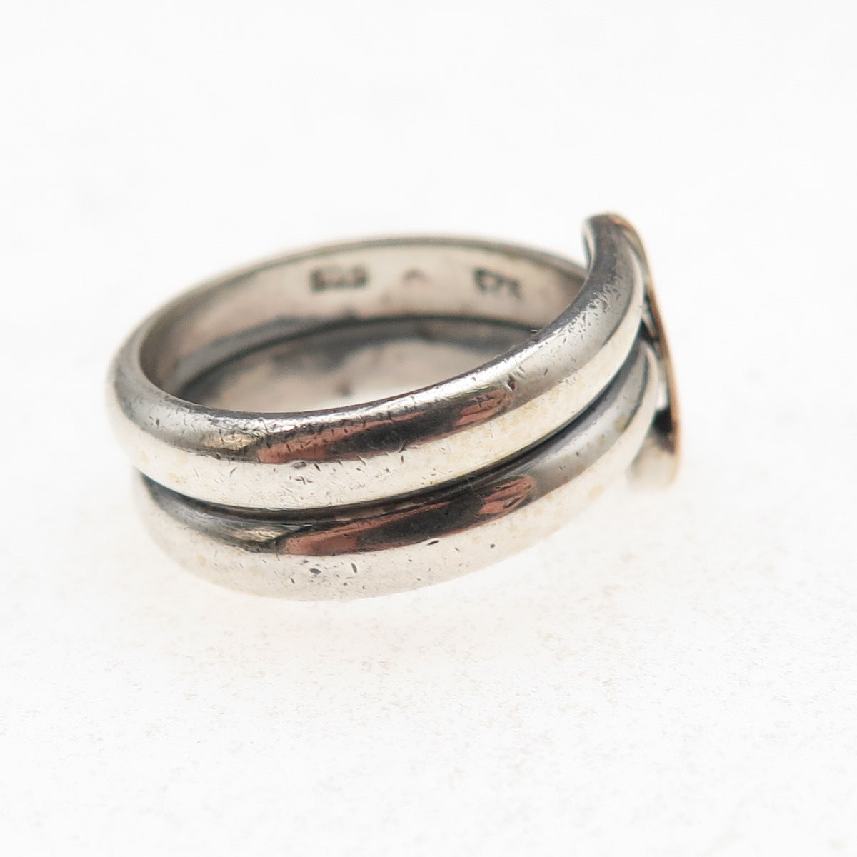 925 Sterling Silver 14K Gold Vintage Modernist Bypass Oxidized Ring Size 6.75
