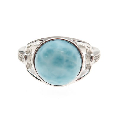 925 Sterling Silver Real Larimar & C Z Modernist Ring Size 7.25