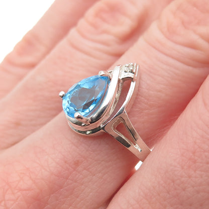 925 Sterling Silver Vintage Real Diamond Accent & Swiss Blue Topaz Ring Size 8