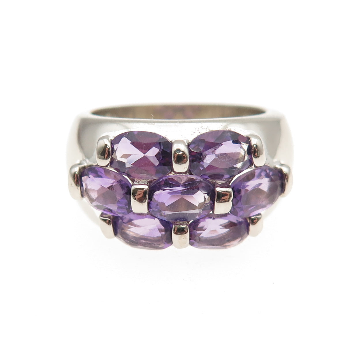 925 Sterling Silver Real Oval-Cut Amethyst Cluster Ring Size 6.25