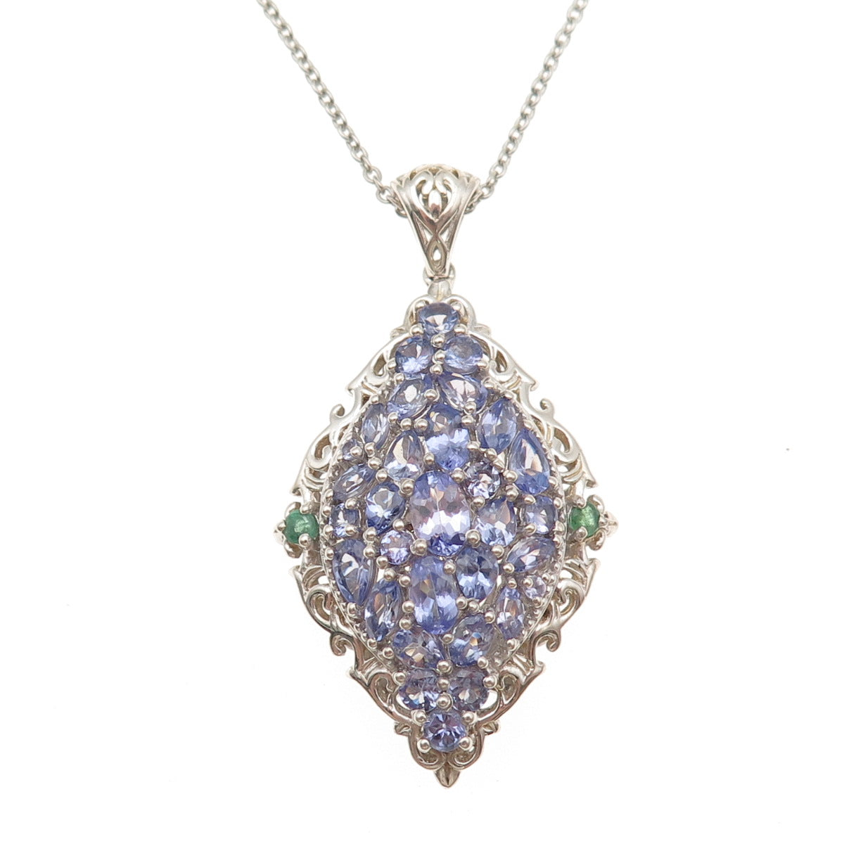 Chuck Clemency Sterling Silver Real Tanzanite & Emerald Cable Chain Necklace 20"