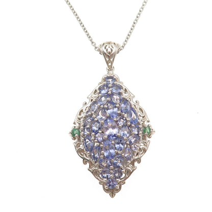 Chuck Clemency Sterling Silver Real Tanzanite & Emerald Cable Chain Necklace 20"