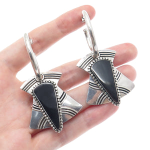 925 Sterling Silver Vintage Real Black Onyx Gem Tribal Hoop Dangle Earrings