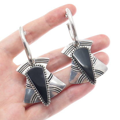 925 Sterling Silver Vintage Real Black Onyx Gem Tribal Hoop Dangle Earrings