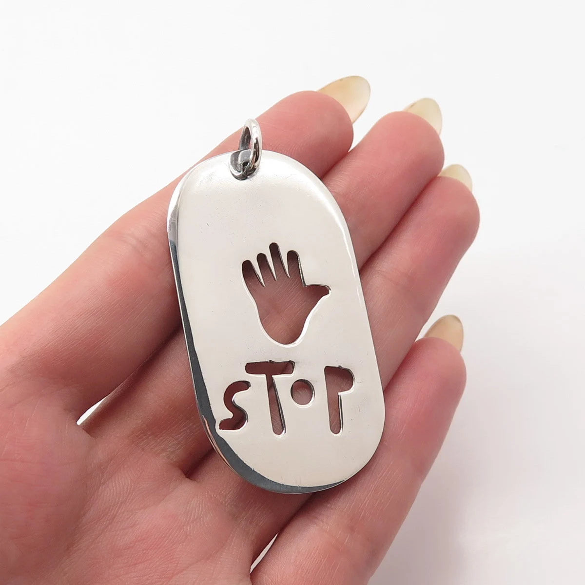 925 Sterling Silver Vintage Mexico Cutout "Stop" Pendant