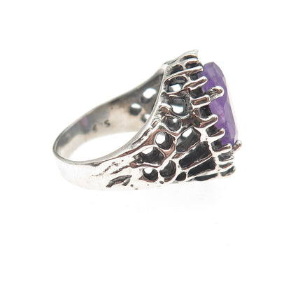 925 Sterling Silver Vintage Real Amethyst Modernist Oxidized Ring Size 8.5