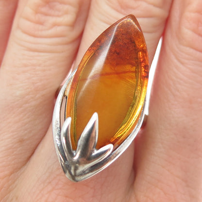 925 Sterling Silver Vintage Real Amber Modernist Adjustable Ring Size 9.75