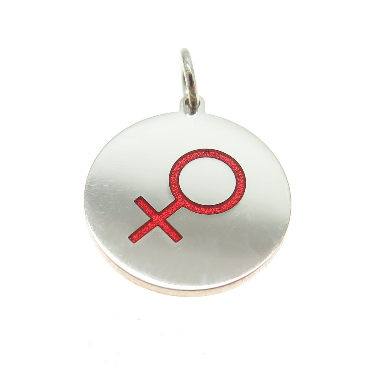 925 Sterling Silver Red Enamel Female Symbol Round Tag Minimalist Charm Pendant