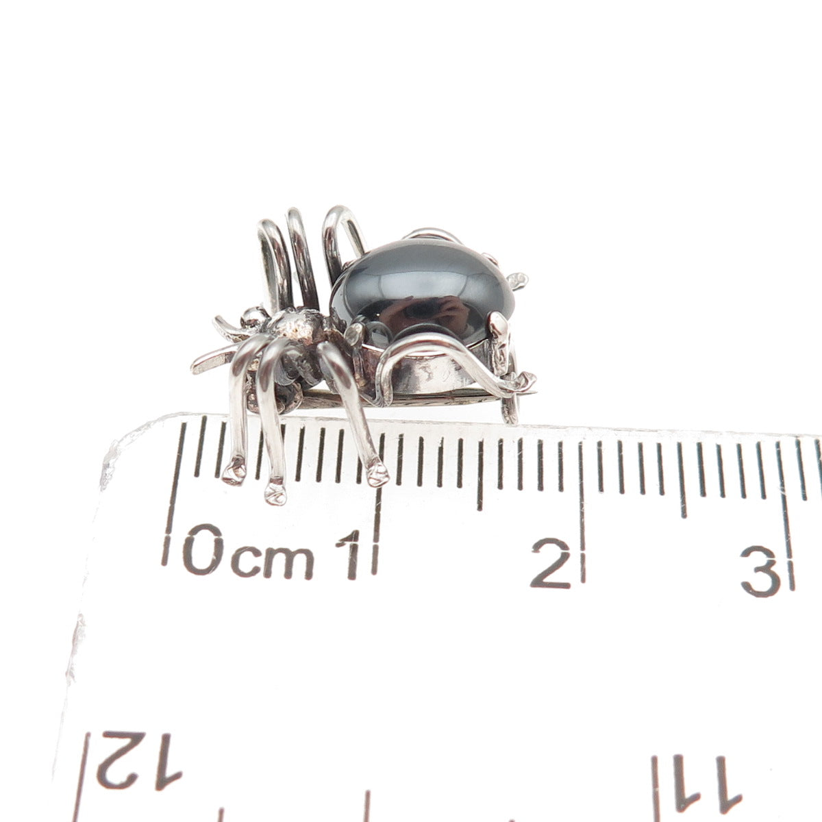 835 Silver Antique Art Deco Real Hematite Spider Oxidized 3D Mini Pin Brooch