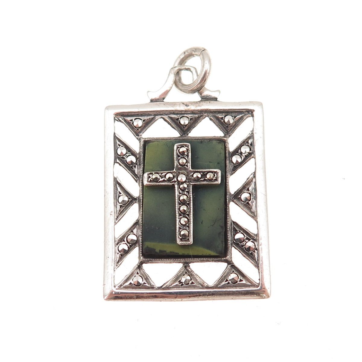925 Sterling Silver Antique Art Deco Real Jade & Marcasite Cross Charm Pendant