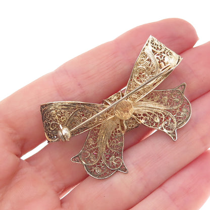 925 Sterling Silver Gold Plated Antique Art Deco Enamel Bow Filigree Pin Brooch