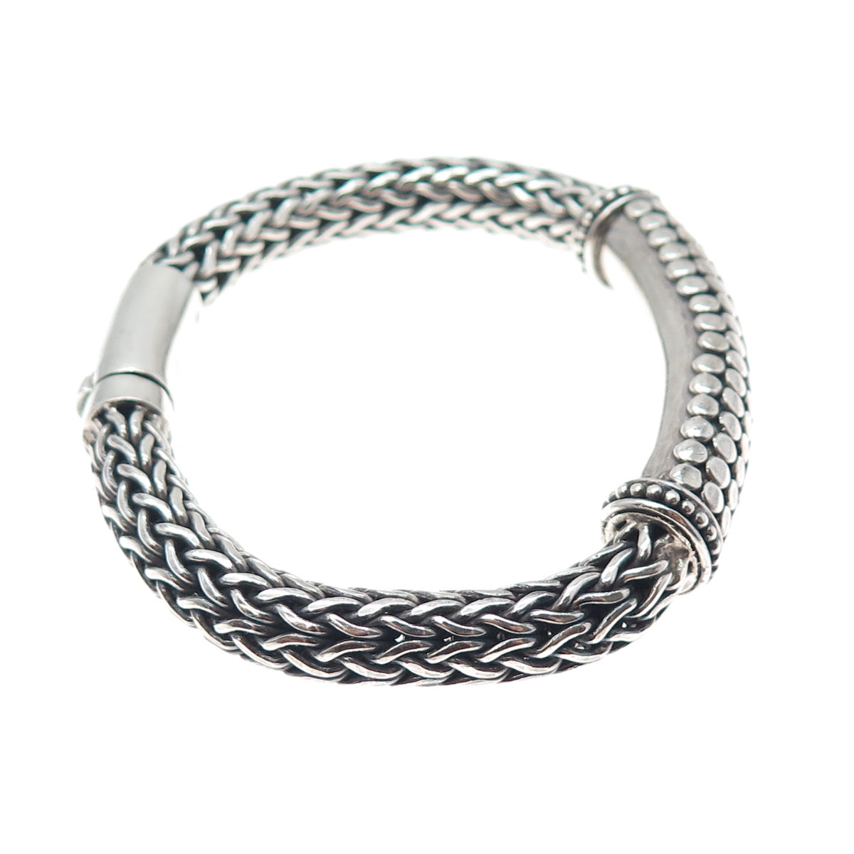 925 Sterling Silver Vintage Dotted Wheat Link Oxidized Heavy 79.5g Bracelet 7.5"