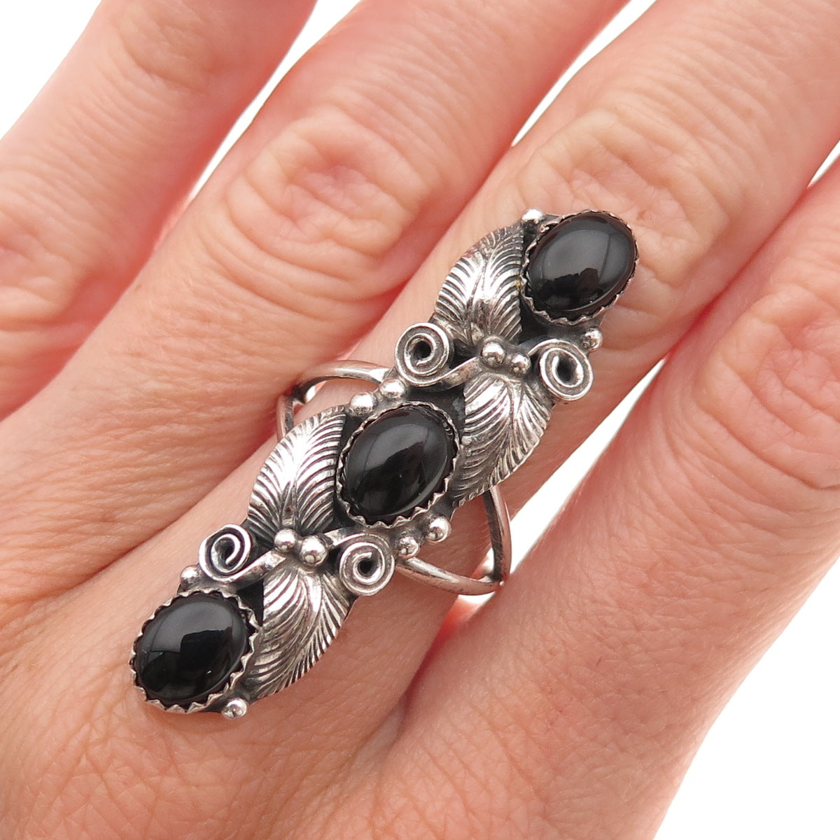 Old Pawn 925 Sterling Silver Vintage Black Onyx Feather Statement Ring Size 7.25