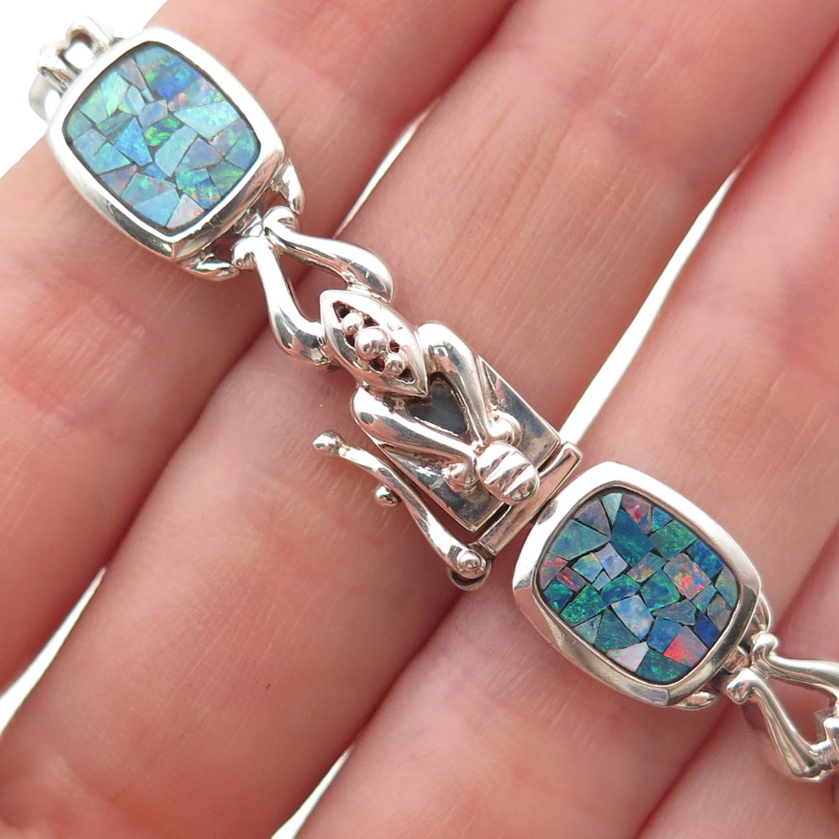 Michelle Albala 925 Sterling Silver Vintage Real Opal Mosaic Bracelet 7.25"