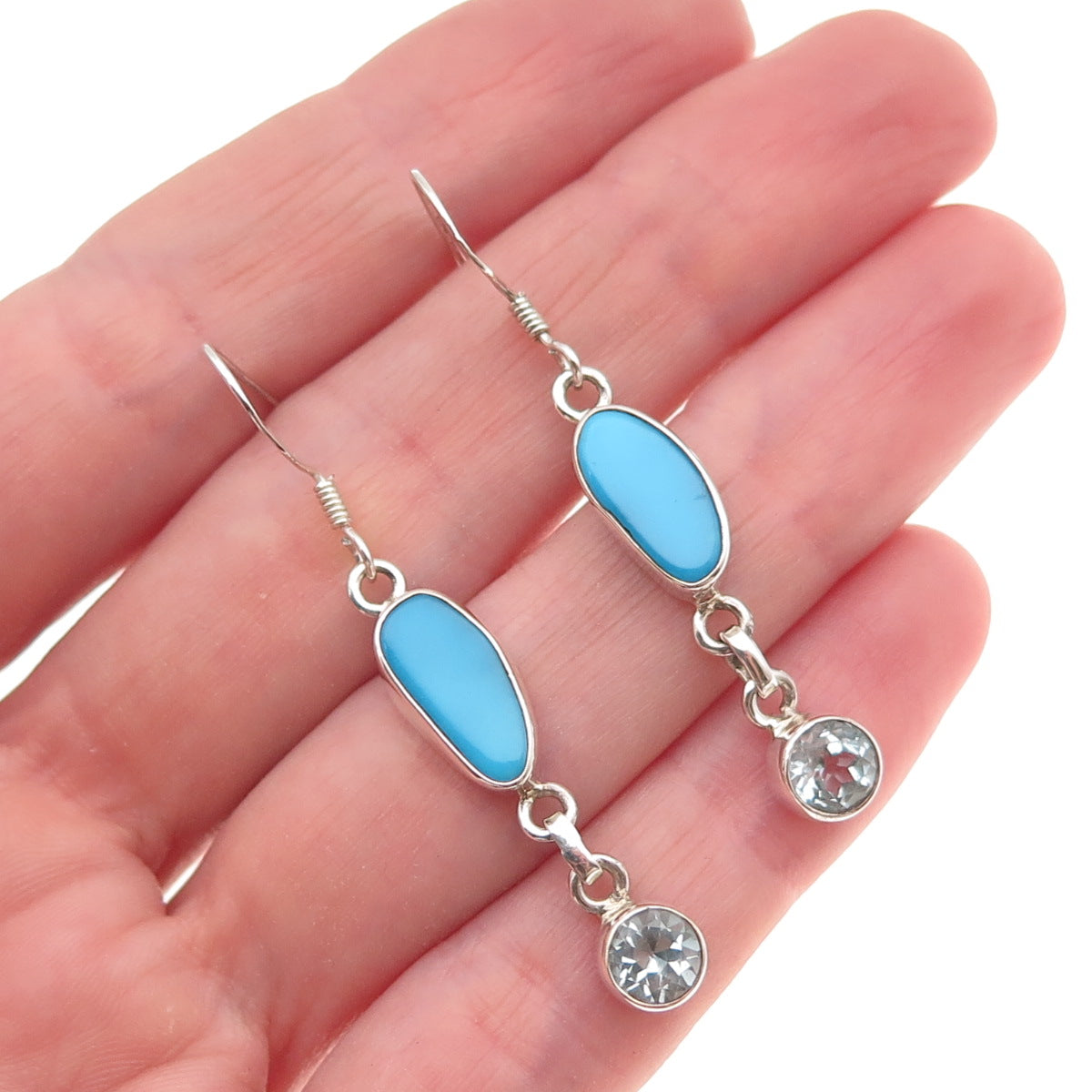 925 Sterling Silver Vintage Real Turquoise & Blue Topaz Dangle Earrings