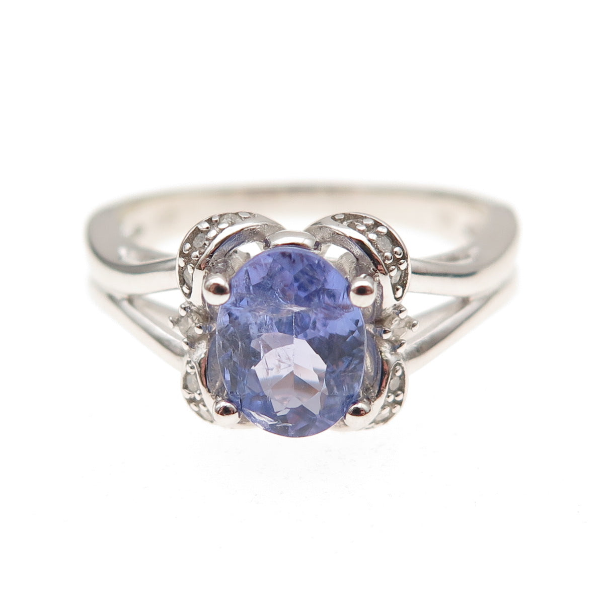 925 Sterling Silver Real Diamond & Tanzanite Floral Ring Size 8.25
