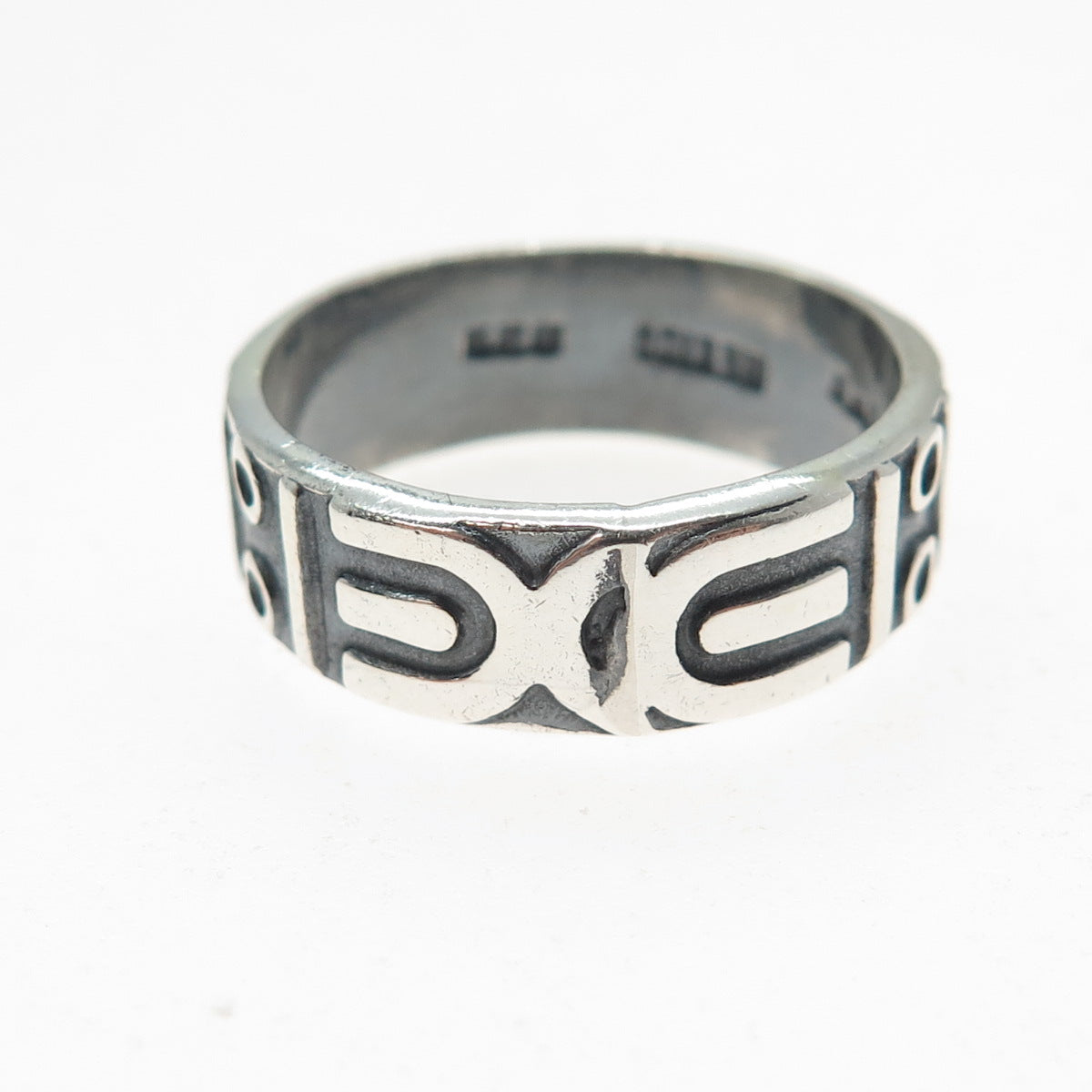 925 Sterling Silver Vintage Mexico Tribal Symbol Oxidized Band Ring Size 9.5