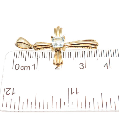 925 Sterling Silver Gold Plated Vintage Real Blue Topaz Cross Charm Pendant