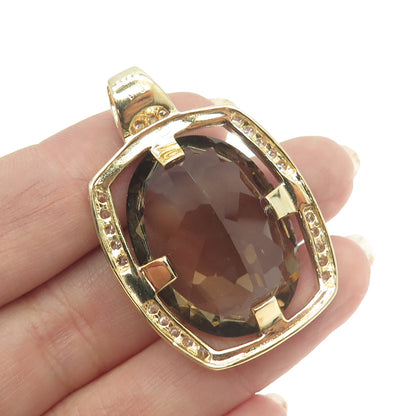 SETA 925 Sterling Silver Gold Plated Real Smoky Quartz & C Z Pendant