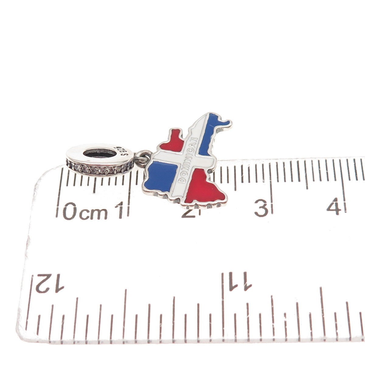 925 Sterling Silver C Z & Enamel Dominican Republic Flag / Map Dangle Charm