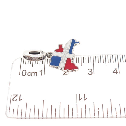 925 Sterling Silver C Z & Enamel Dominican Republic Flag / Map Dangle Charm
