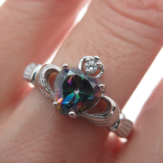 925 Sterling Silver Real Mystic Quartz & C Z Irish Claddagh Ring Size 8