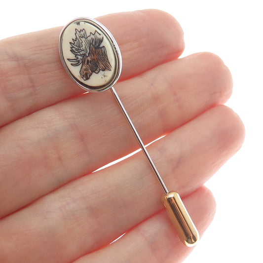 Old Pawn 925 Sterling Silver 2-Tone Vintage Southwestern Elk Tribal Lapel Pin