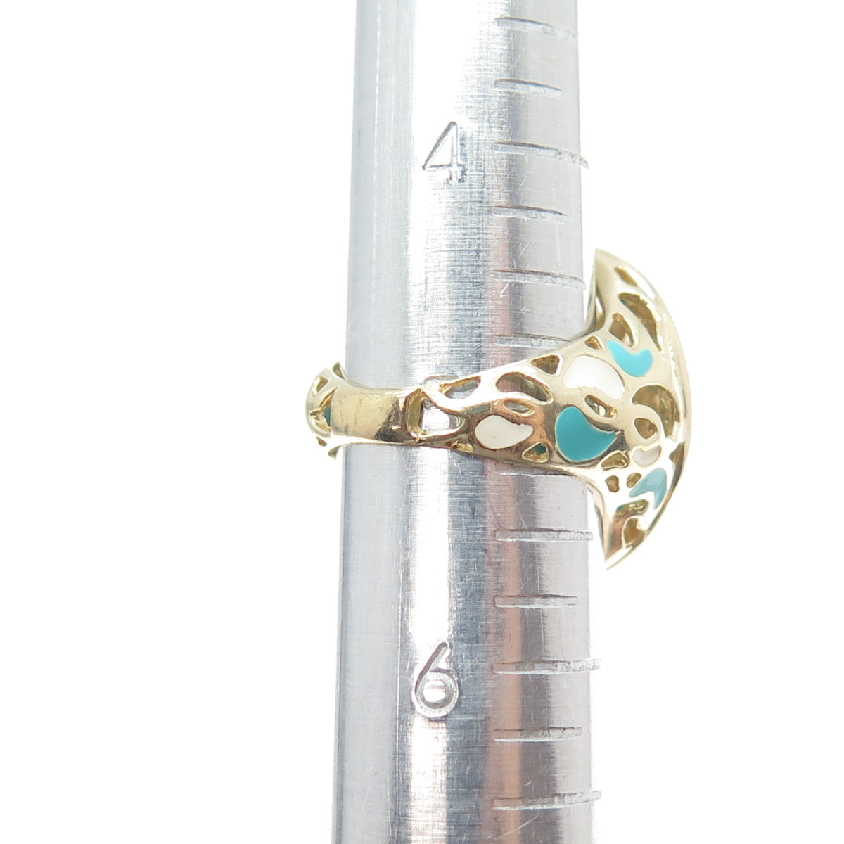 925 Sterling Silver Gold Plated Italy Enamel Real Chalcedony Ring Size 5.25